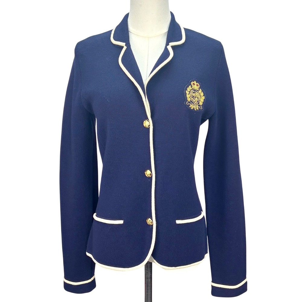 Vintage Ralph Lauren Knit Blazer Crest Navy Merino Wool Preppy Academia Women M